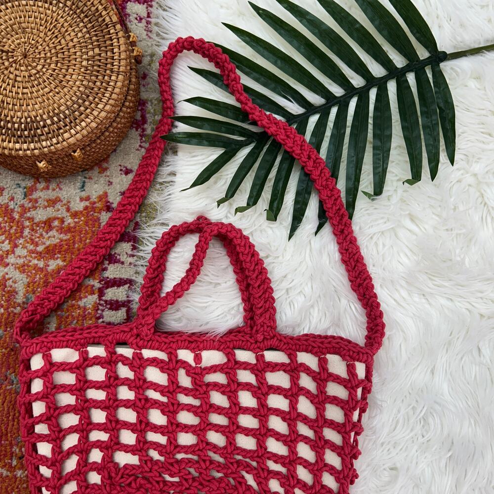 NEW Madewell Woven Crochet Macrame Boho The Crocheted Shoulder Bag in Poppy Red - Picture 5 of 8